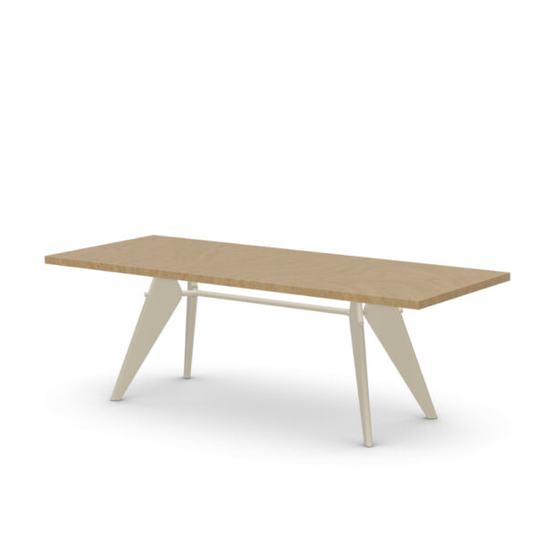 Natural oak veneer top, base Prouvé Blanc Colombe, dimensions H 740 x W 900 x L 2000 mm